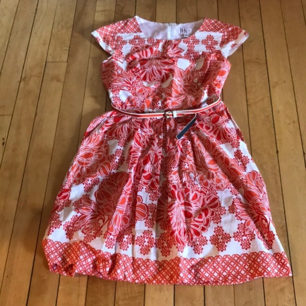 R & K Bright Orange Fit and Flare Dress